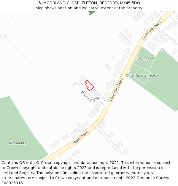 5, MOORLAND CLOSE, FLITTON, BEDFORD, MK45 5DQ: Location map and indicative extent of plot