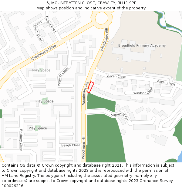 5, MOUNTBATTEN CLOSE, CRAWLEY, RH11 9PE: Location map and indicative extent of plot