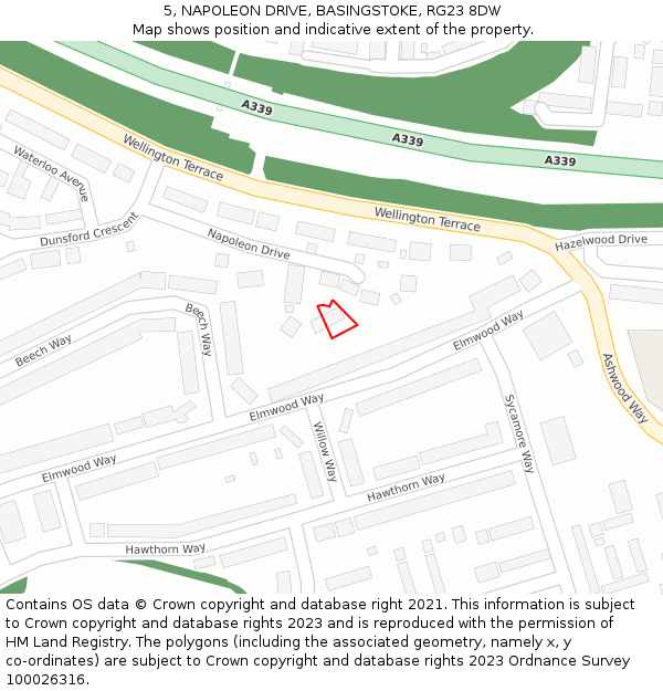 5, NAPOLEON DRIVE, BASINGSTOKE, RG23 8DW: Location map and indicative extent of plot