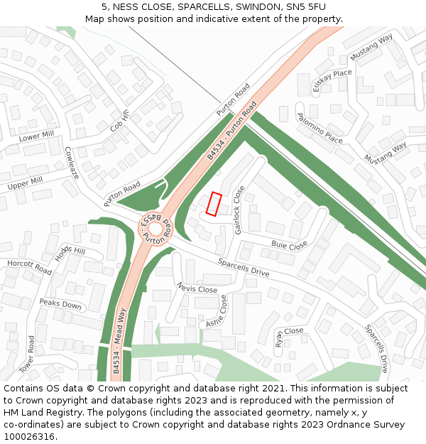 5, NESS CLOSE, SPARCELLS, SWINDON, SN5 5FU: Location map and indicative extent of plot