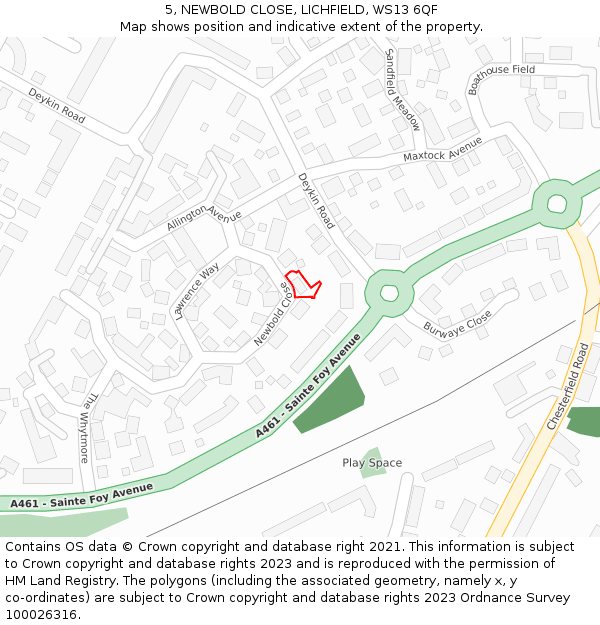 5, NEWBOLD CLOSE, LICHFIELD, WS13 6QF: Location map and indicative extent of plot