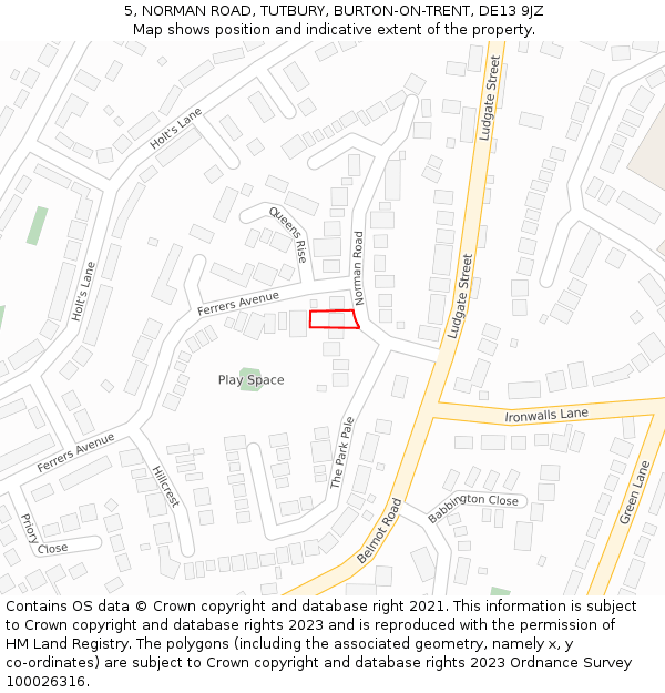 5, NORMAN ROAD, TUTBURY, BURTON-ON-TRENT, DE13 9JZ: Location map and indicative extent of plot
