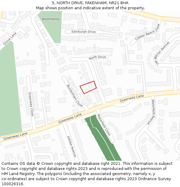 5, NORTH DRIVE, FAKENHAM, NR21 8HA: Location map and indicative extent of plot