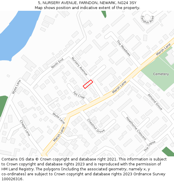5, NURSERY AVENUE, FARNDON, NEWARK, NG24 3SY: Location map and indicative extent of plot