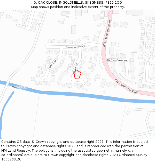5, OAK CLOSE, INGOLDMELLS, SKEGNESS, PE25 1QQ: Location map and indicative extent of plot