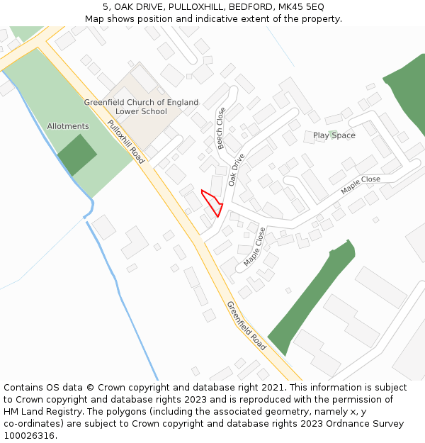 5, OAK DRIVE, PULLOXHILL, BEDFORD, MK45 5EQ: Location map and indicative extent of plot