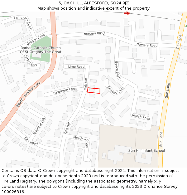 5, OAK HILL, ALRESFORD, SO24 9JZ: Location map and indicative extent of plot