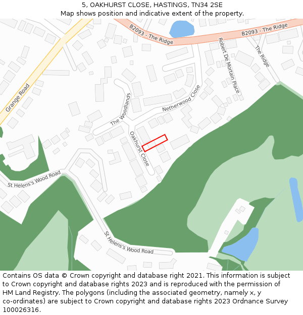 5, OAKHURST CLOSE, HASTINGS, TN34 2SE: Location map and indicative extent of plot