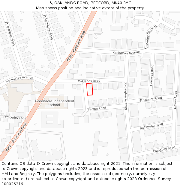 5, OAKLANDS ROAD, BEDFORD, MK40 3AG: Location map and indicative extent of plot