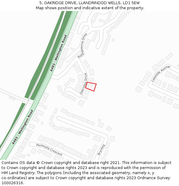 5, OAKRIDGE DRIVE, LLANDRINDOD WELLS, LD1 5EW: Location map and indicative extent of plot
