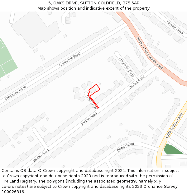 5, OAKS DRIVE, SUTTON COLDFIELD, B75 5AP: Location map and indicative extent of plot