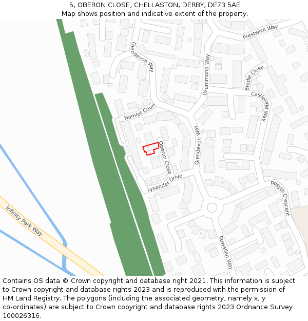 5, OBERON CLOSE, CHELLASTON, DERBY, DE73 5AE: Location map and indicative extent of plot