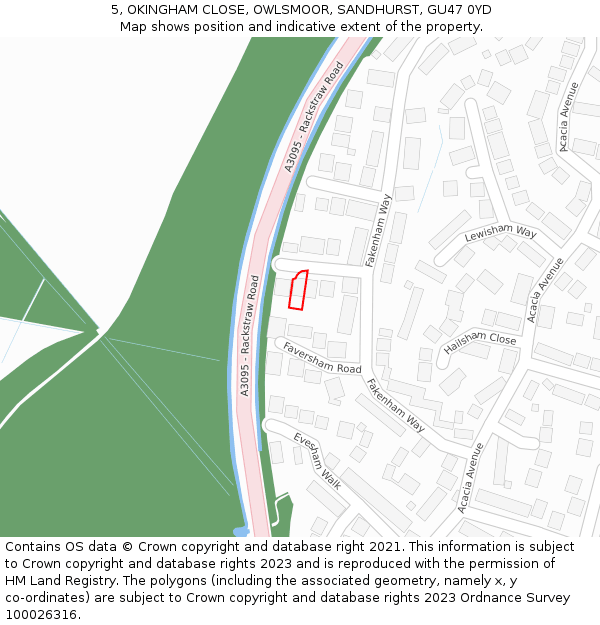 5, OKINGHAM CLOSE, OWLSMOOR, SANDHURST, GU47 0YD: Location map and indicative extent of plot