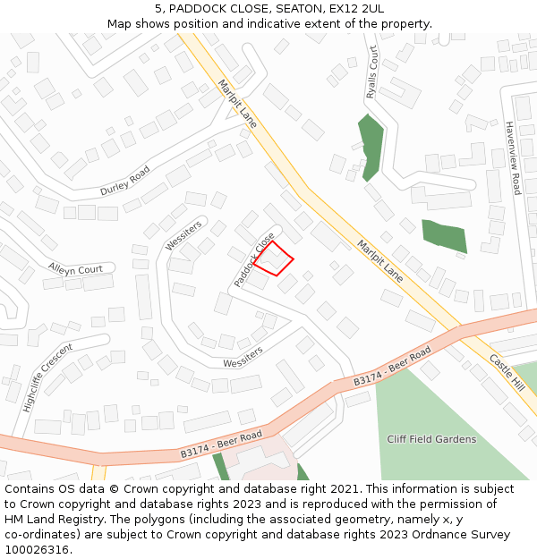 5, PADDOCK CLOSE, SEATON, EX12 2UL: Location map and indicative extent of plot