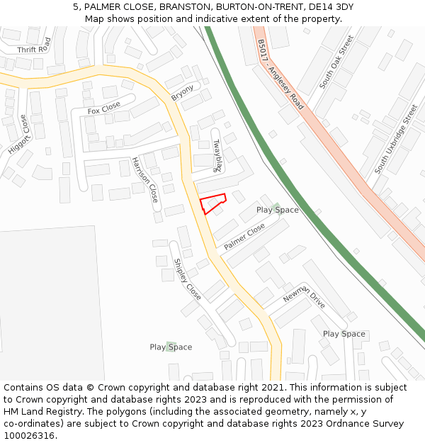 5, PALMER CLOSE, BRANSTON, BURTON-ON-TRENT, DE14 3DY: Location map and indicative extent of plot