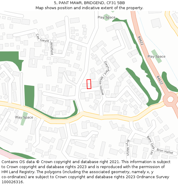 5, PANT MAWR, BRIDGEND, CF31 5BB: Location map and indicative extent of plot