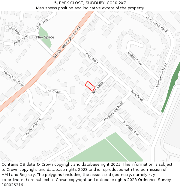 5, PARK CLOSE, SUDBURY, CO10 2XZ: Location map and indicative extent of plot