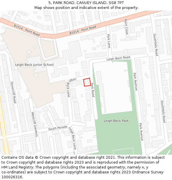 5, PARK ROAD, CANVEY ISLAND, SS8 7PT: Location map and indicative extent of plot