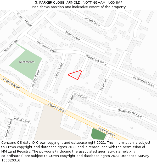 5, PARKER CLOSE, ARNOLD, NOTTINGHAM, NG5 8AP: Location map and indicative extent of plot
