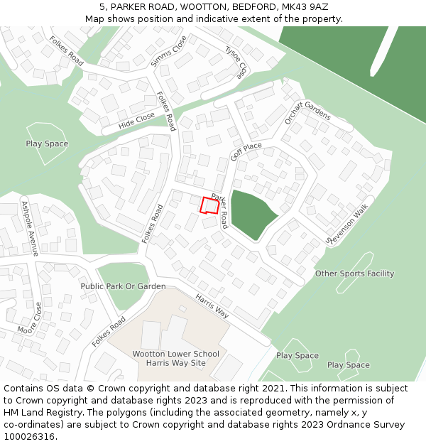 5, PARKER ROAD, WOOTTON, BEDFORD, MK43 9AZ: Location map and indicative extent of plot