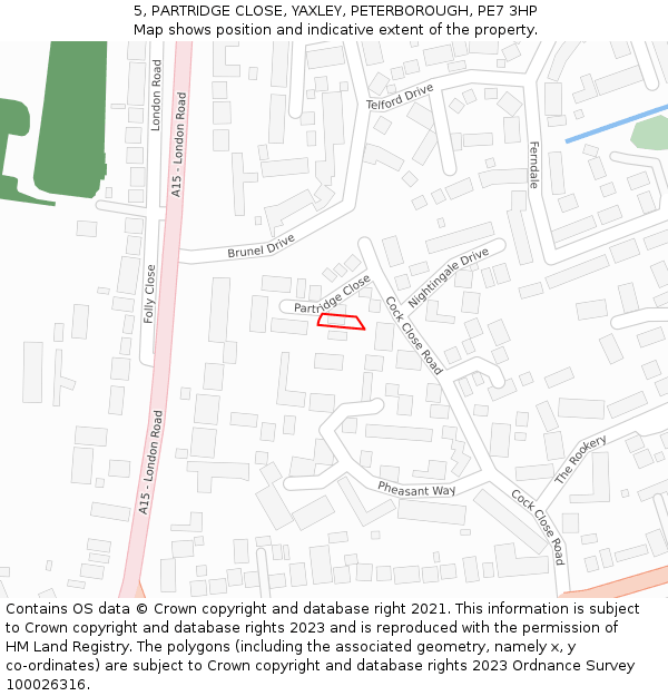 5, PARTRIDGE CLOSE, YAXLEY, PETERBOROUGH, PE7 3HP: Location map and indicative extent of plot