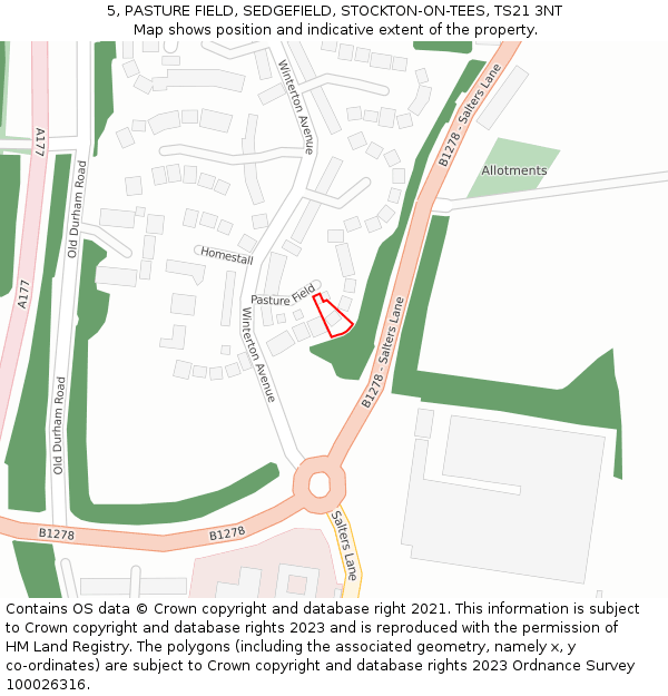 5, PASTURE FIELD, SEDGEFIELD, STOCKTON-ON-TEES, TS21 3NT: Location map and indicative extent of plot