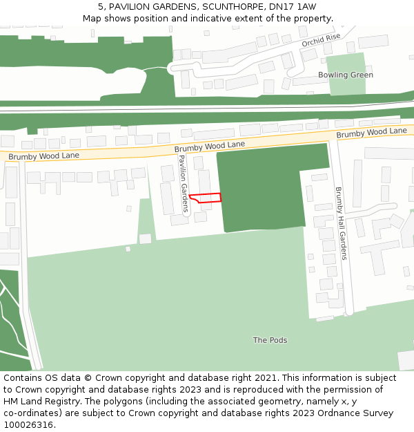 5, PAVILION GARDENS, SCUNTHORPE, DN17 1AW: Location map and indicative extent of plot