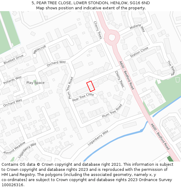 5, PEAR TREE CLOSE, LOWER STONDON, HENLOW, SG16 6ND: Location map and indicative extent of plot