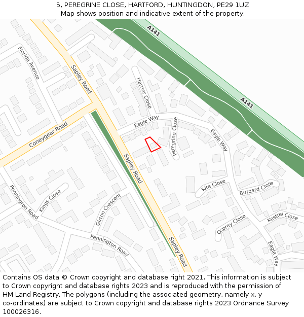 5, PEREGRINE CLOSE, HARTFORD, HUNTINGDON, PE29 1UZ: Location map and indicative extent of plot