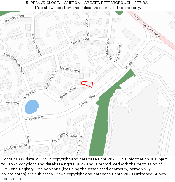 5, PERNYS CLOSE, HAMPTON HARGATE, PETERBOROUGH, PE7 8AL: Location map and indicative extent of plot