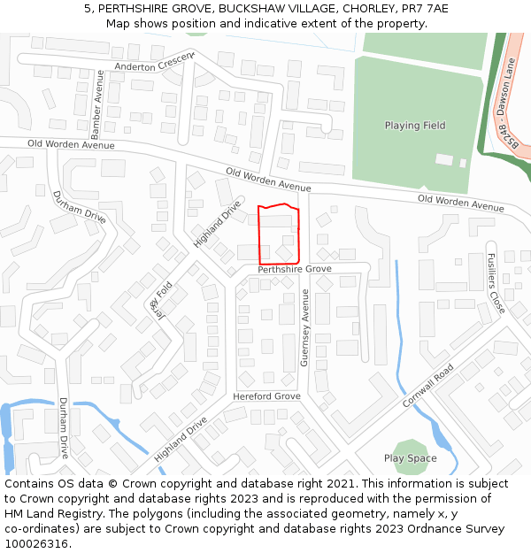 5, PERTHSHIRE GROVE, BUCKSHAW VILLAGE, CHORLEY, PR7 7AE: Location map and indicative extent of plot