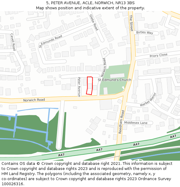 5, PETER AVENUE, ACLE, NORWICH, NR13 3BS: Location map and indicative extent of plot