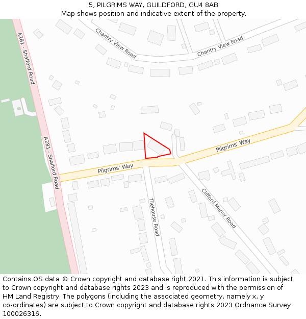 5, PILGRIMS WAY, GUILDFORD, GU4 8AB: Location map and indicative extent of plot
