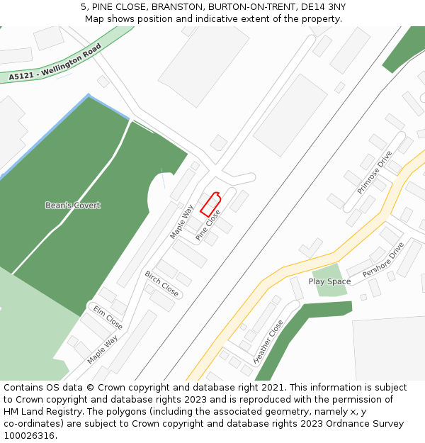 5, PINE CLOSE, BRANSTON, BURTON-ON-TRENT, DE14 3NY: Location map and indicative extent of plot
