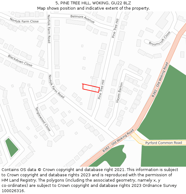 5, PINE TREE HILL, WOKING, GU22 8LZ: Location map and indicative extent of plot
