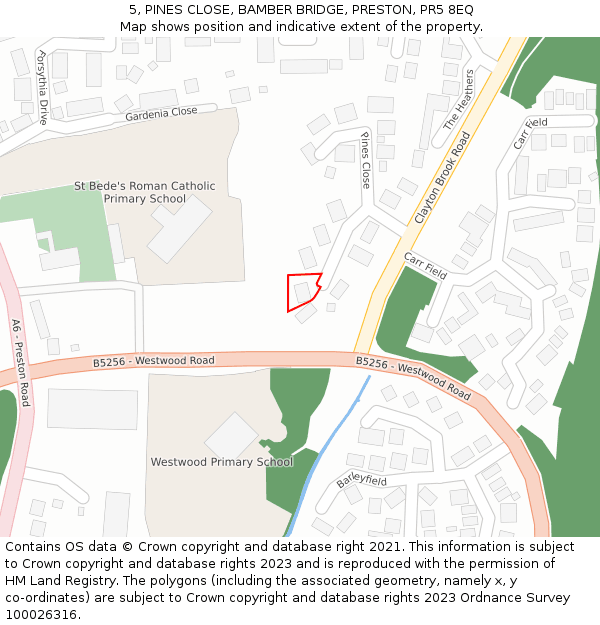 5, PINES CLOSE, BAMBER BRIDGE, PRESTON, PR5 8EQ: Location map and indicative extent of plot