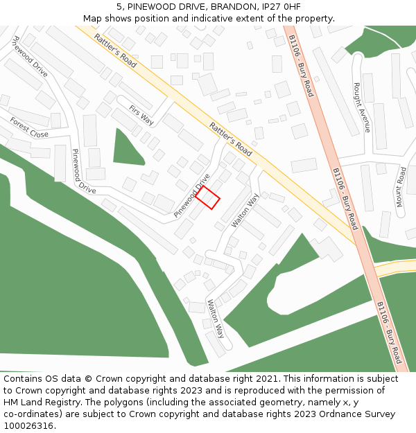 5, PINEWOOD DRIVE, BRANDON, IP27 0HF: Location map and indicative extent of plot