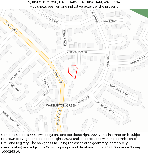 5, PINFOLD CLOSE, HALE BARNS, ALTRINCHAM, WA15 0SA: Location map and indicative extent of plot