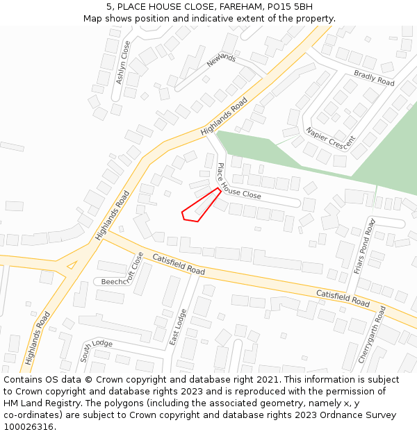 5, PLACE HOUSE CLOSE, FAREHAM, PO15 5BH: Location map and indicative extent of plot
