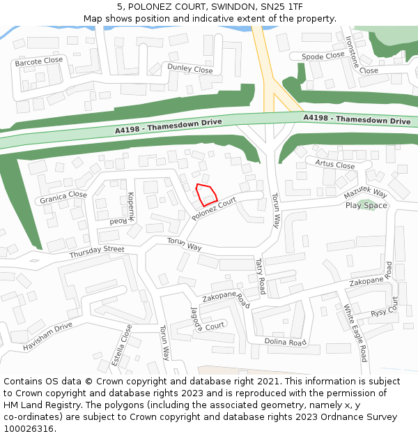 5, POLONEZ COURT, SWINDON, SN25 1TF: Location map and indicative extent of plot