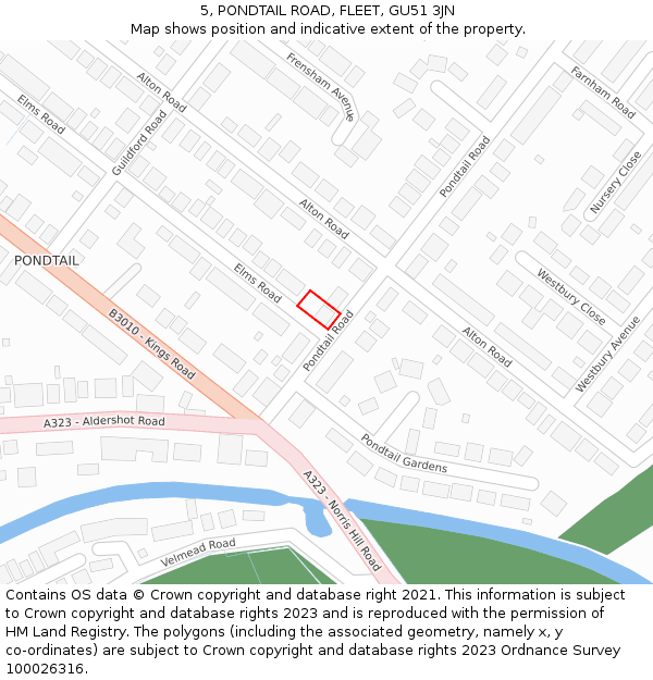 5, PONDTAIL ROAD, FLEET, GU51 3JN: Location map and indicative extent of plot