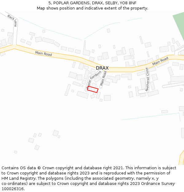 5, POPLAR GARDENS, DRAX, SELBY, YO8 8NF: Location map and indicative extent of plot