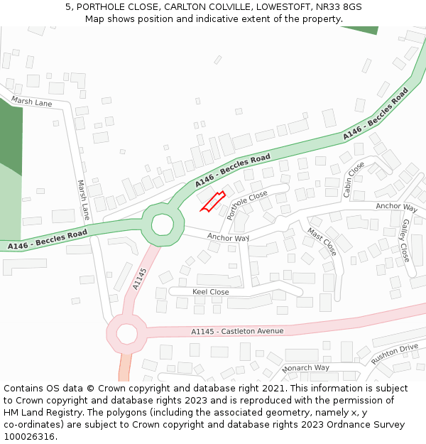 5, PORTHOLE CLOSE, CARLTON COLVILLE, LOWESTOFT, NR33 8GS: Location map and indicative extent of plot