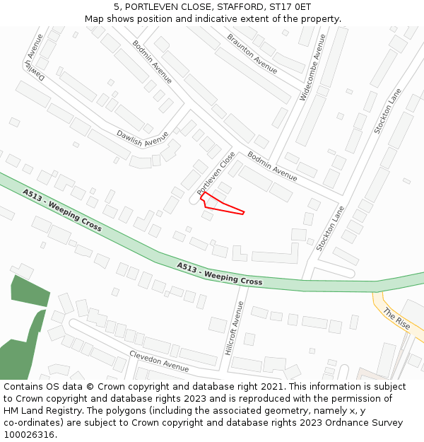 5, PORTLEVEN CLOSE, STAFFORD, ST17 0ET: Location map and indicative extent of plot