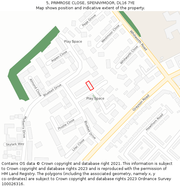 5, PRIMROSE CLOSE, SPENNYMOOR, DL16 7YE: Location map and indicative extent of plot