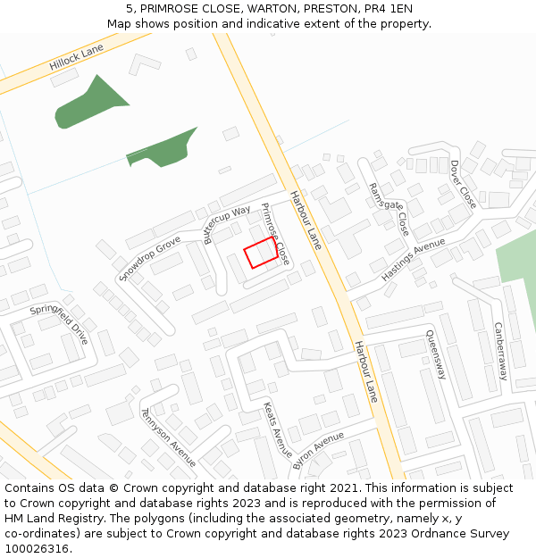 5, PRIMROSE CLOSE, WARTON, PRESTON, PR4 1EN: Location map and indicative extent of plot