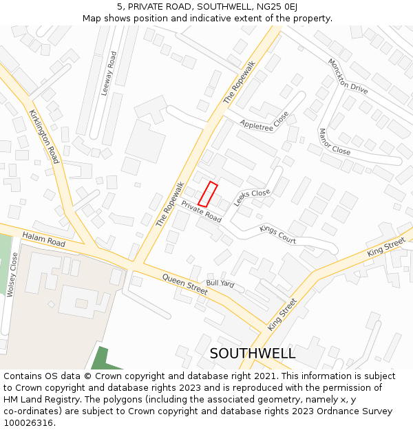 5, PRIVATE ROAD, SOUTHWELL, NG25 0EJ: Location map and indicative extent of plot