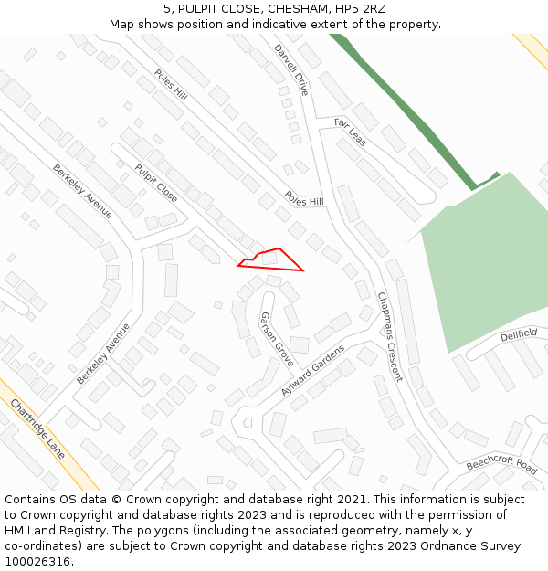 5, PULPIT CLOSE, CHESHAM, HP5 2RZ: Location map and indicative extent of plot