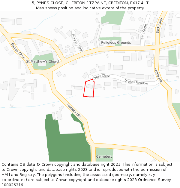5, PYNES CLOSE, CHERITON FITZPAINE, CREDITON, EX17 4HT: Location map and indicative extent of plot