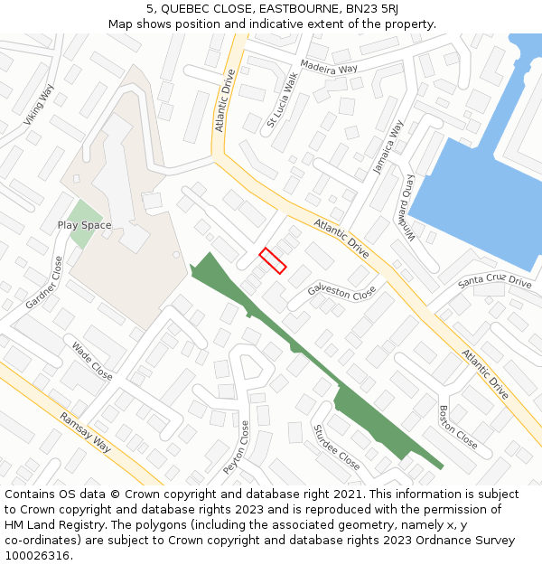 5, QUEBEC CLOSE, EASTBOURNE, BN23 5RJ: Location map and indicative extent of plot